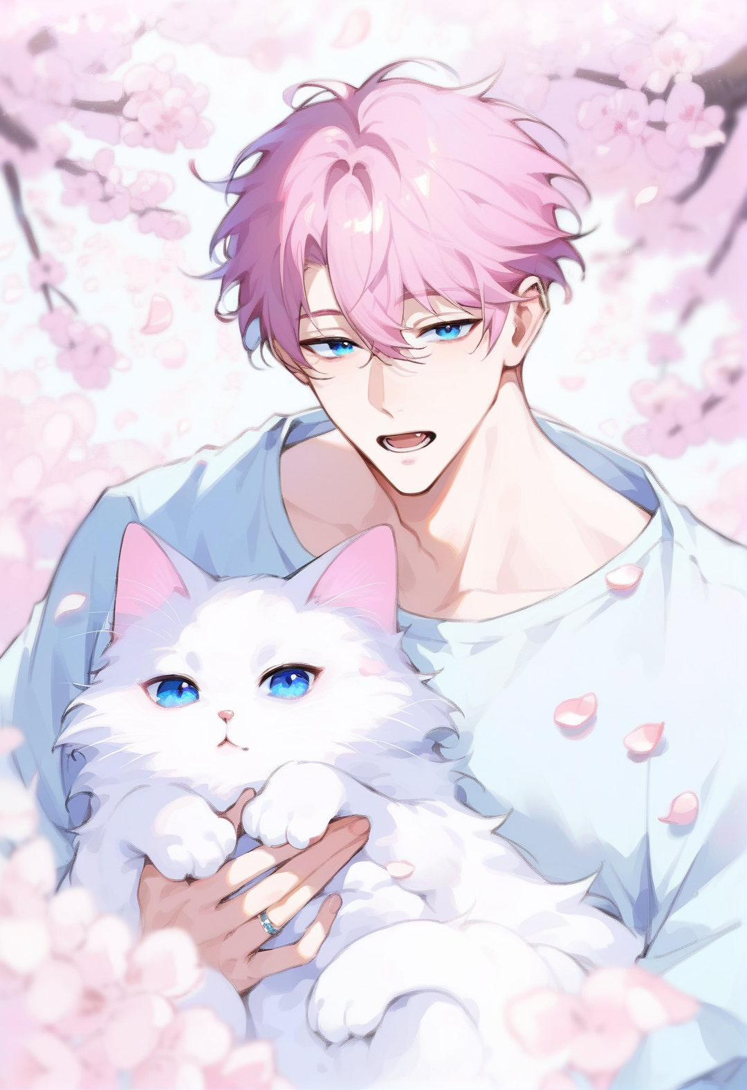 01426-709181186-_lora_MUKi_0.8_,muksal style,1boy,cat,blue eyes,pink hair,ring,open mouth,cherry blossoms,looking at viewer,animal,petals,solo,w.png